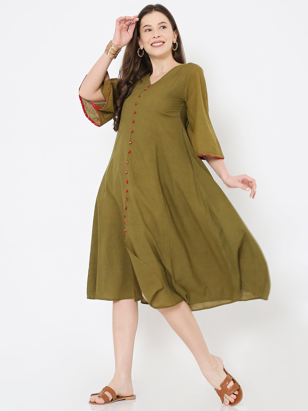 Green Cotton Casual Dress